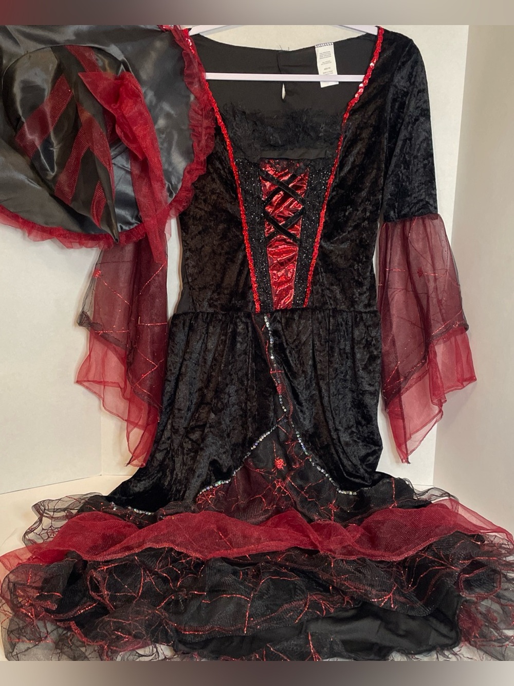 Black & Red Goth Witch Costume Dress And Hat. Sheer Bell Sleeves. Women Sz 8-10